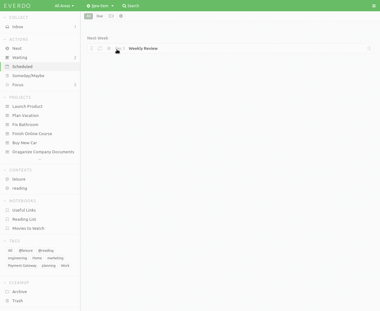 Everdo allows to schedule to-dos to occur at certain date or repeat