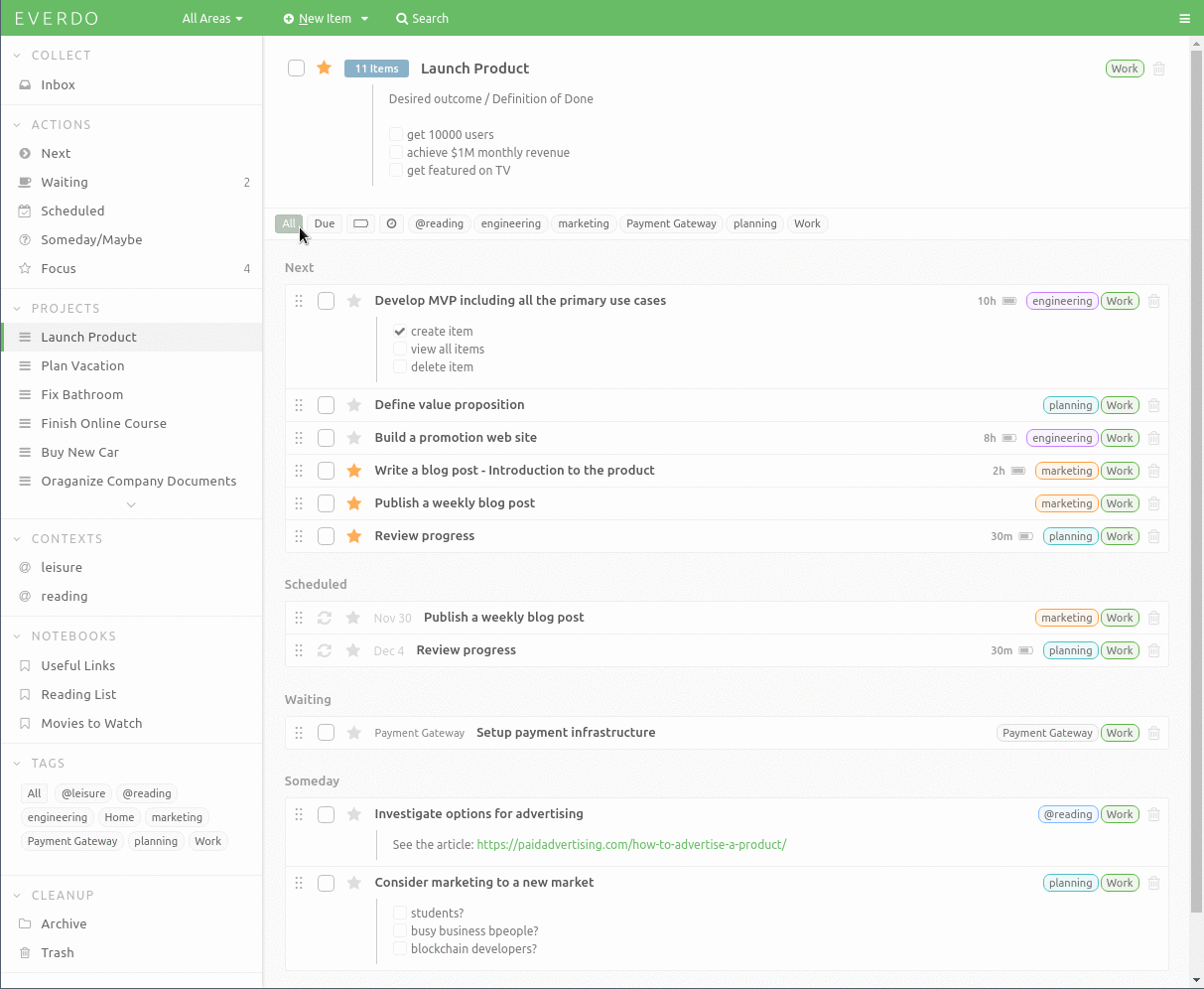 All to-dos can be tagged and filtered by tags