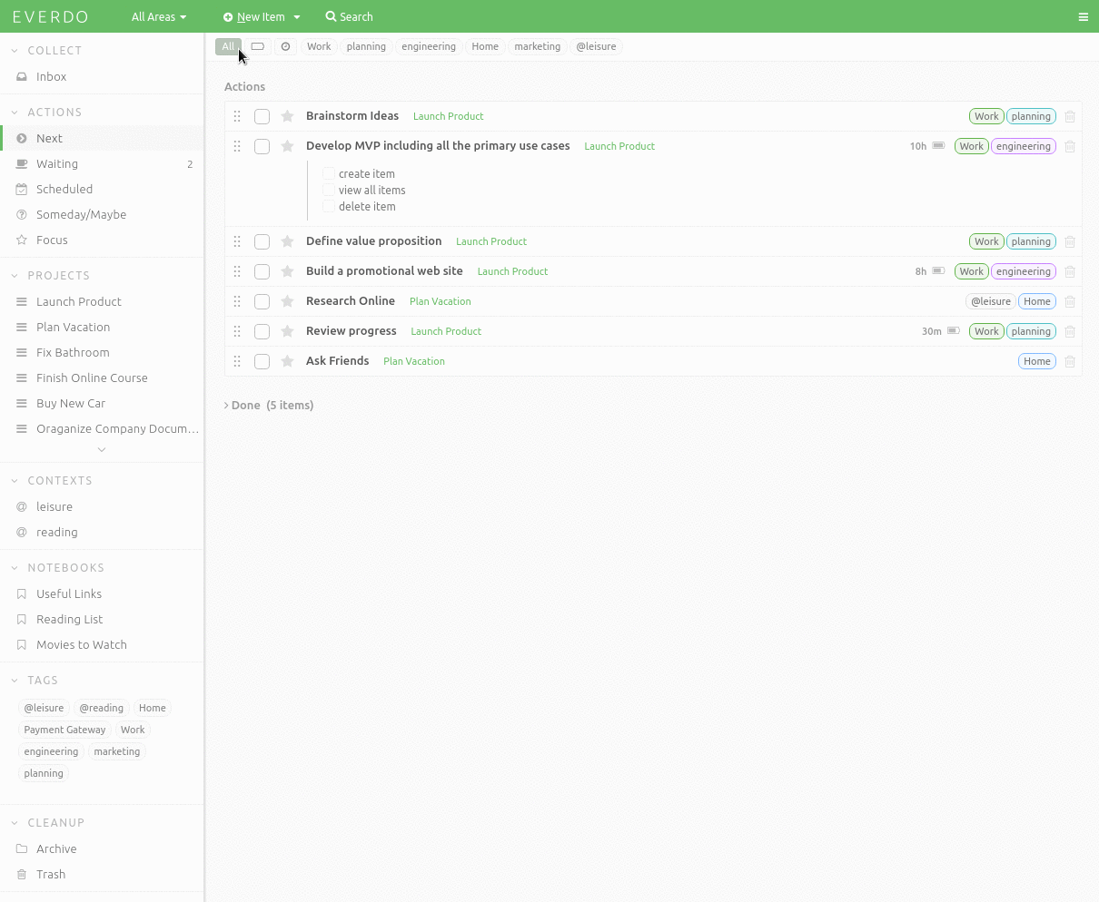 To-dos can be assigned time and energy estimates and filtered by those attributes